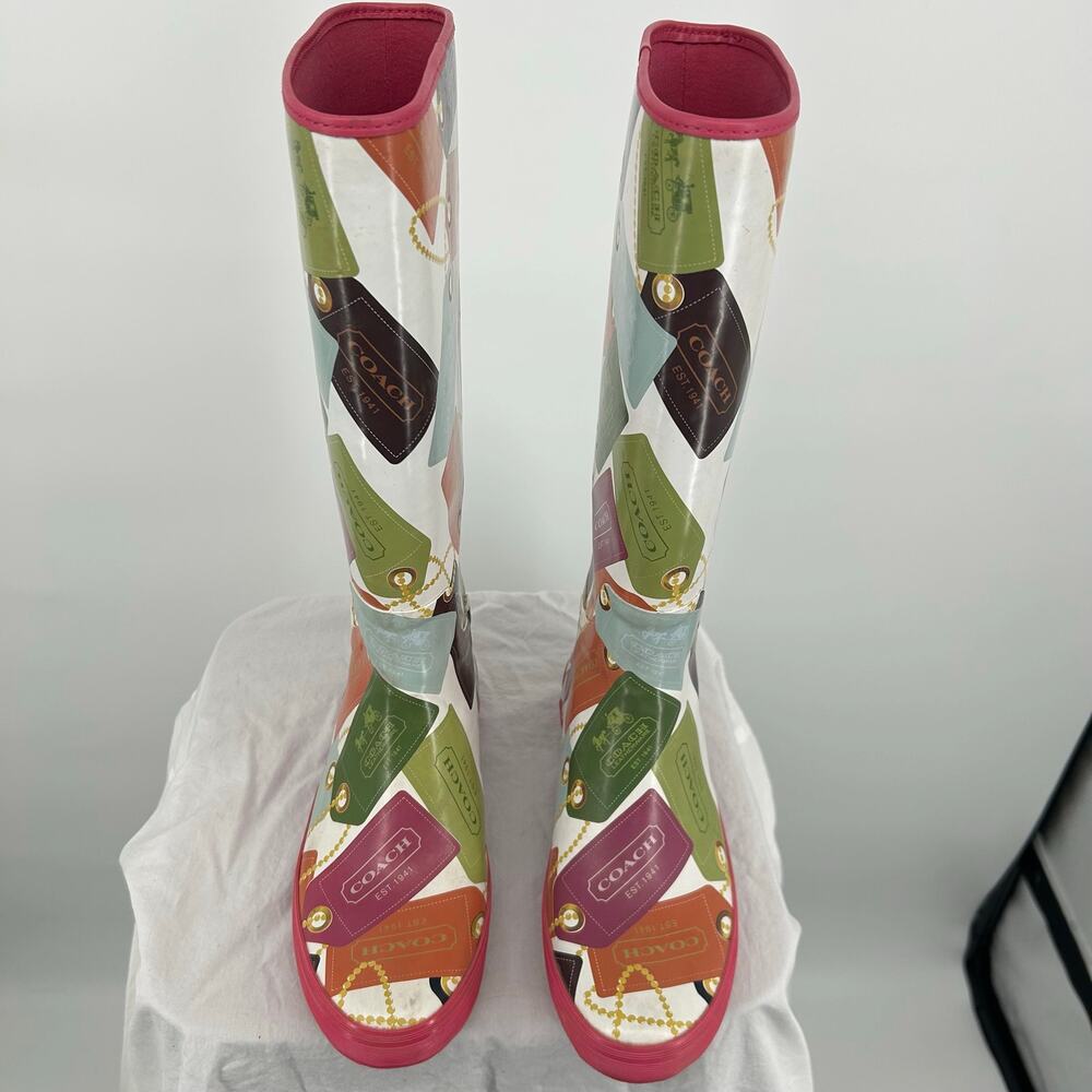Women's Pink Multicolor COACH F2460 Pammie Hang Tags Rubber Rain Boots 8B - Picture 3 of 9